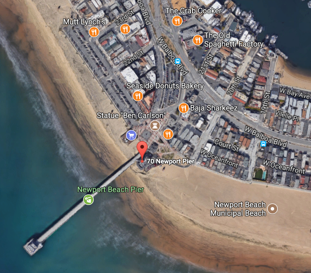Google map of Benjamin M. Carlson Lifeguard Headquarters, located at 70 Newport Pier, Newport Beach, CA. Link navigates to Google maps webpage.